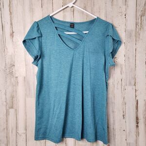 Dreimp Short Sleeve Ruffle Sleeve Casual T-Shirt Turquoise Size Large